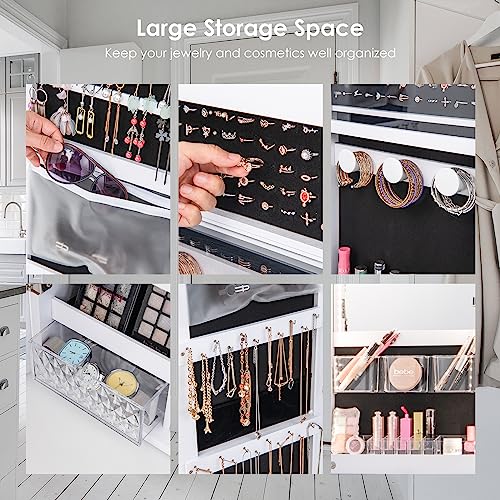 HOMASIS Joyero con Espejo de Cuerpo Entero,Armario para Joyas de Pared, Espejo de Maquillaje Integrado y luz LED de 3 Colores, Ganchos para Cadenas y Pendientes, 37x10x135/140cm, Blanco - imagen 5