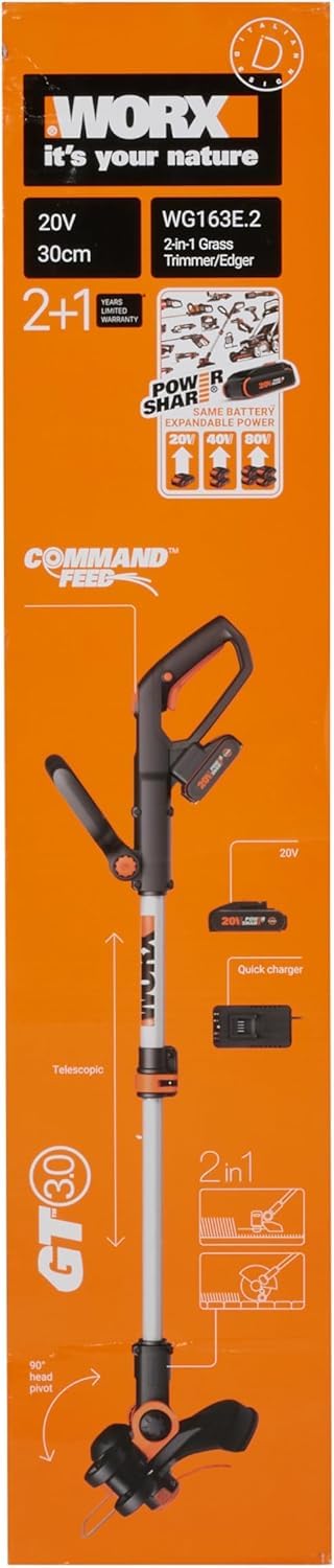 WORX 18V (20V MAX) Akumulatorowa Podkaszarka do trawy WG163E.2, Bezprzewodowa przycinarka krawędziowa z akumulatorem 2 w 1, Rączka Teleskopowa, Akumulator 1x2,0Ah