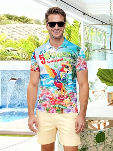 SWTJIC Blue Tropical Hawaiian Golf Shirt