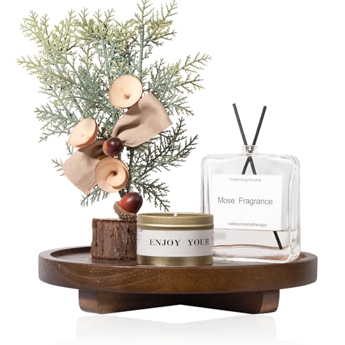 Round Decorative Tray Wood Bathroom Counter Organizer Farmhouse Kitchen Decor Wooden Riser for Soap Dish, Perfume, Candle, Sponge, 9' - Walnut