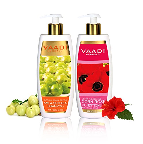 Amla with Shikakai and Reetha Shampoo and Corn Rose Conditioner Hair Fall and Damage Control Shampoo ALL Natural Paraben Free Sulfate Free Scalp Therapy Moisture Therapy Suitable for All Hair Types - Each Pack of 350ml - Each 11.8 Oz - Vaadi Herbals