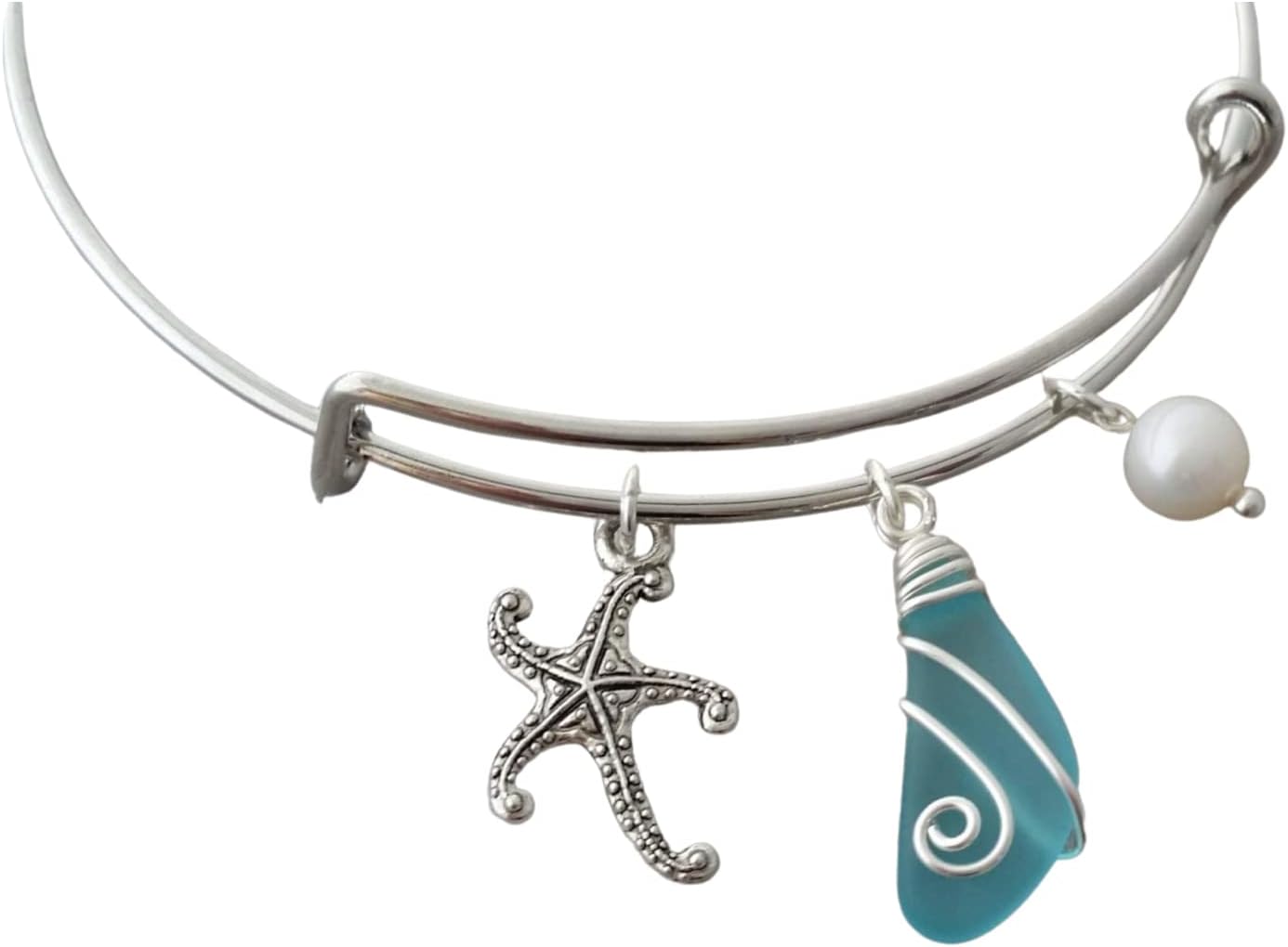 yinahawaii Handmade wire wrapped blue sea glass bracelet, starfish charm, Natural pearl, (Hawaii Gift Wrapped, Customizable Gift Message)