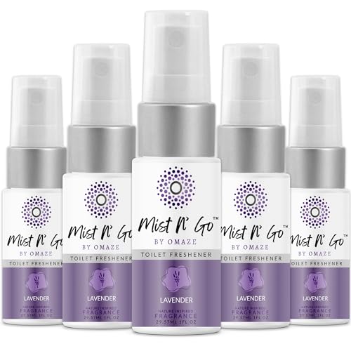 Mist N’ Go by Omaze Travel Bathroom Spray for Toilet Spray Odor Eliminator - Travel Toilet Spray for Bathroom Air Freshener Spray for Bathroom Deodorizer - Lavender Travel Size (1oz x5)