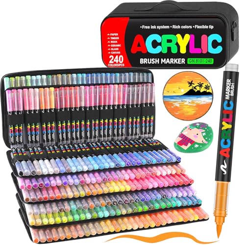Efimeso 240 Couleurs Feutre Acrylique avec Sac Noir, Marqueurs Acryliques pour Peinture sur Roche, Toile, Bois, Pierre, Céramique, Verre, Tissu