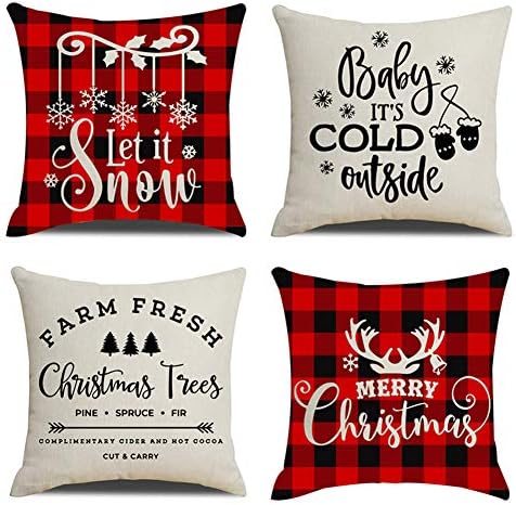 KACOPOL Christmas Decorations Pillow Covers Red Black Buffalo Check Plaid Christmas Quotes Farmhouse Decor Throw Pillow Case Cushion Cover 18" x 18" Xmas Gifts (Buffalo Plaid Xmas Quotes)