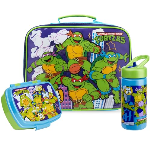 Get Trend Teenage Mutant Ninja Turtles Kids Insulated Lunch Bag 3Pc Set with Reusable Lunch Box & 14.2-oz BPA-Free Water Bottle Lightweight Carry Handle & Name Card Window Gifts for Boys(Multi TMNT)