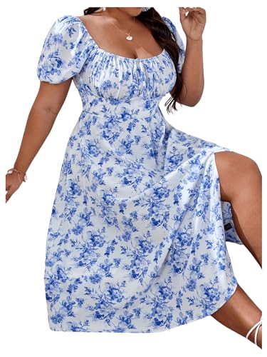 Floerns Women's Plus Size Floral Print Tie Front Square Neck Slit Hem Midi Dress4