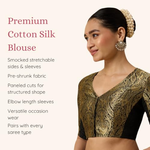 Image of Studio Shringaar Women's Brocade Side Stretch (Smocked) Readymade Saree Blouse