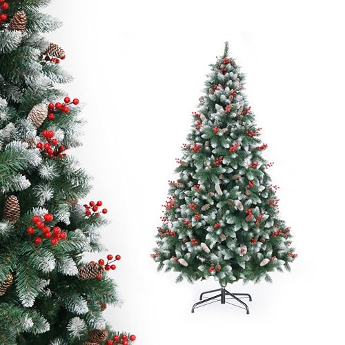 APICIZON 2.1m/7ft Artificial Christmas Tree with PineCones & Berries, Snowy Flocked Xmas Tree with 1200 Branch Tips, Christmas Decorations