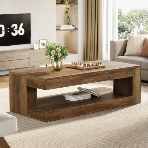 Image of Tribesigns Coffee Table for Living Room, 47.24 Inch Farmhouse 2-Tier Accent Center Tea Cocktail Table with Storage, Brown, Rectangle