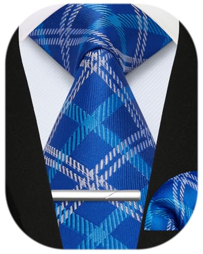 Image of Enlision Ties for Men Plaid Stripe Tie Handkerchief Woven Classic Formal Necktie Pocket Square Clip Set