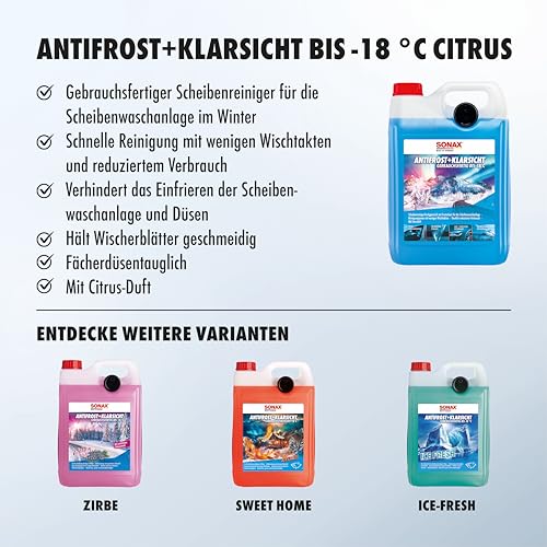 SONAX AntiFrost+KlarSicht Citrus Gebrauchsfertig bis -18°C (5 Liter) schneller, schlierenfreier und effektiver Scheibenreiniger für den Winter | Art-Nr. 01345000