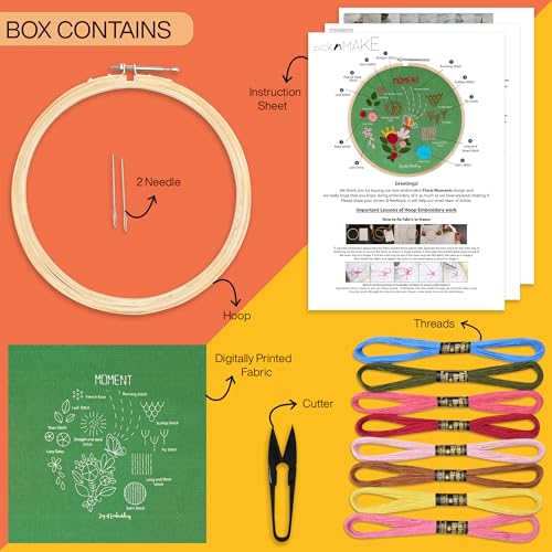 Image of picknMAKE Hand Embroidery Kit for Beginners - Floral Moments Theme | Includes Colorful Fabric, Threads, Needles & Instructions | Art & Craft DIY Kit | Embroidery Kit for Adults & Beginners