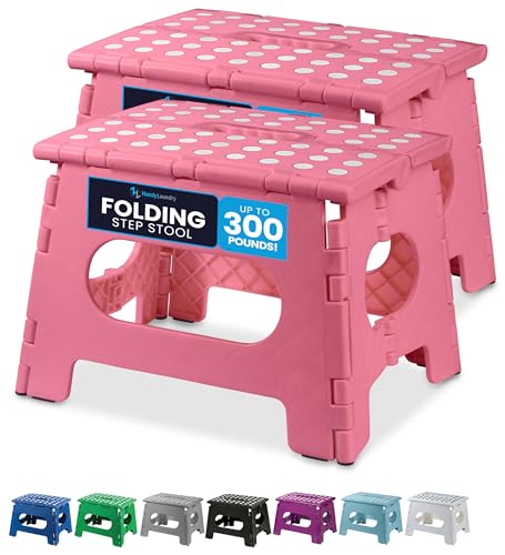 Handy Laundry Folding Lightweight Step Stool - Sturdy Enough to Support Adults and Safe Enough for Kids - Opens Easy with One Flip - Great for Kitchen, Bathroom or Bedroom (Pink | 2-Pack)