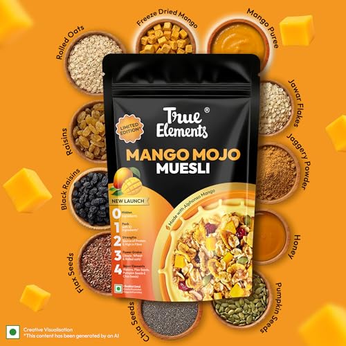Image of True Elements Mango Mojo Muesli 350 g with Alphonso Mango | Healthy Breakfast Cereal | High Fiber, Protein Rich | Rolled Oats, Seeds & Grains | No Added False Claims | Limited Edition