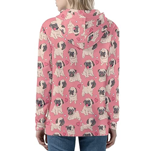 Biyejit Damen Langarm-Kapuzenpullover mit Reißverschluss und Kordelzug und Kapuze, lässiges Oberteil mit Taschen, Cartoon Mops Hund, 38