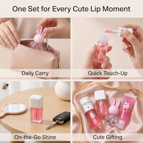 Image of Korean Lip Gloss Set of 4 in Tinted Pink | Rabbit Keychain, 2in1 Tube, Liquid Oil and Swiss Tint Combo, Cute Daily Wear for Girls & Women