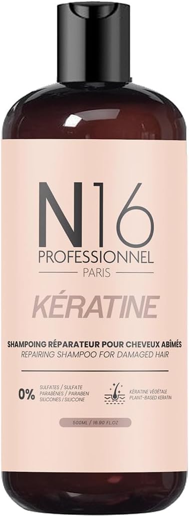Organic Keratin Shampoo N16 Professionnel - Repairing Shampoo - Sulphates & Paraben Free - French Brand - 500ml