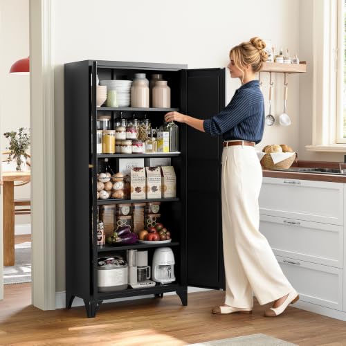 Image of Yizosh Metal Pantry Cabinet,Tall Kitchen Pantry Storage Cabinet with Doors and Adjustable Shelves - 61 inch Black Cupboard Cabinet for Kitchen, Living Room,Dining Room,Home