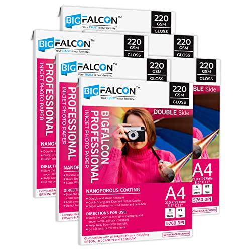 Image of BIGFALCON Professional A4 (8.5x11 inch) 220 GSM Double Sided Glossy Inkjet Photo Paper Premium Dual Sided Printing for Stunning Photos (Pack of 6-120 Sheets)