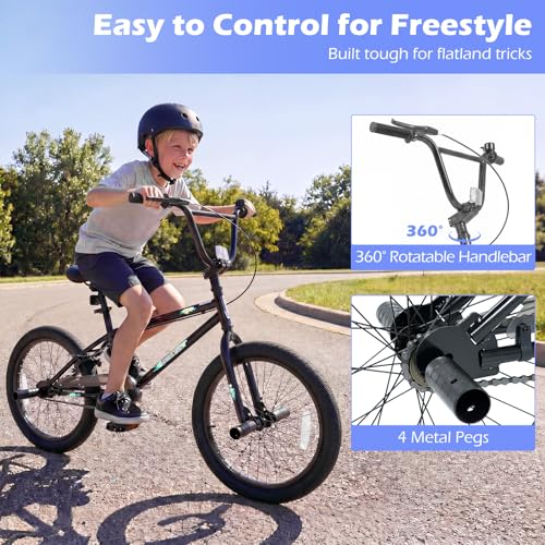 Image of Goplus Freestyle BMX Bike, 20 inch Trick Bicycle w / 360 Degree Steering, 4 Pegs, Adjustable Seat, U-Brake, Hi-Ten Steel Frame, Training Bike for Beginner Riders Teens Youth Boys Girls