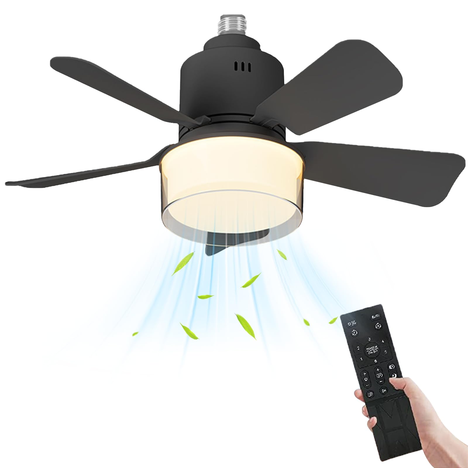 Ventilador de techo con luz y mando a distancia, E27 regulable ventilador de techo LED, 3 velocidades y temporización, 45 cm con luz para salón, dormitorio, dormitorio (negro-nivelación)