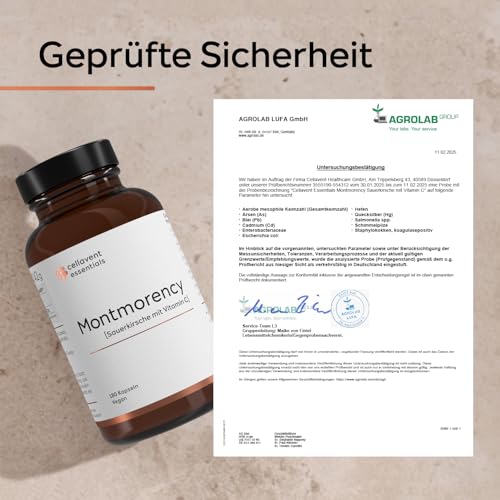 Montmorency Sauerkirschen Kapseln | 67.500 mg (50:1 Extrakt) pro Tagesdosis | 180 vegane Kapseln, 3 Monate | mit Vitamin C zur Immunabwehr | 1.350 mg Kirsch-Extrakt entspricht 67.500 mg Kirsch-Pulver
