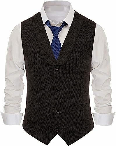 Herringbone Tweed Suit Vest for Men,Shawl Collar Business Single-Breasted Waistcoat,Wedding,Dinner (Color : Black, Size : Medium)