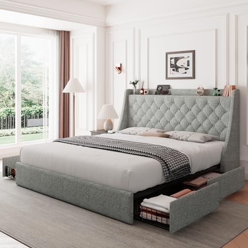 Feonase King Size Bed Frame with 4 Storage Drawers, Storage Bed with Charging Station, Tufted Wingback Storage Headboard, No Box Spring Needed, Light Grey