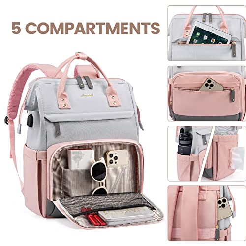Lovevook Laptop Backpack For Women, 15.6 Inch Work Business Backpacks Purse With Usb Port, Large Capacity Educators Doctor Nurse Bag Backbag, Waterproof Casual Daypack For Travel,Grey-Pink #TOP2