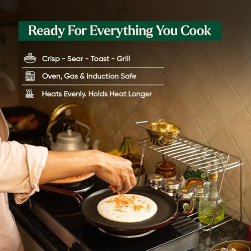 Image of Ember Cookware TitaniumClad Enamel Cast Iron Tawa for Dosa 27 cm | 10-Year Warranty | Rust-Proof Cast Iron Tawa for Roti & Dosa | Non Stick Dosa Tawa | Heavy Duty Induction Cookware | Wine