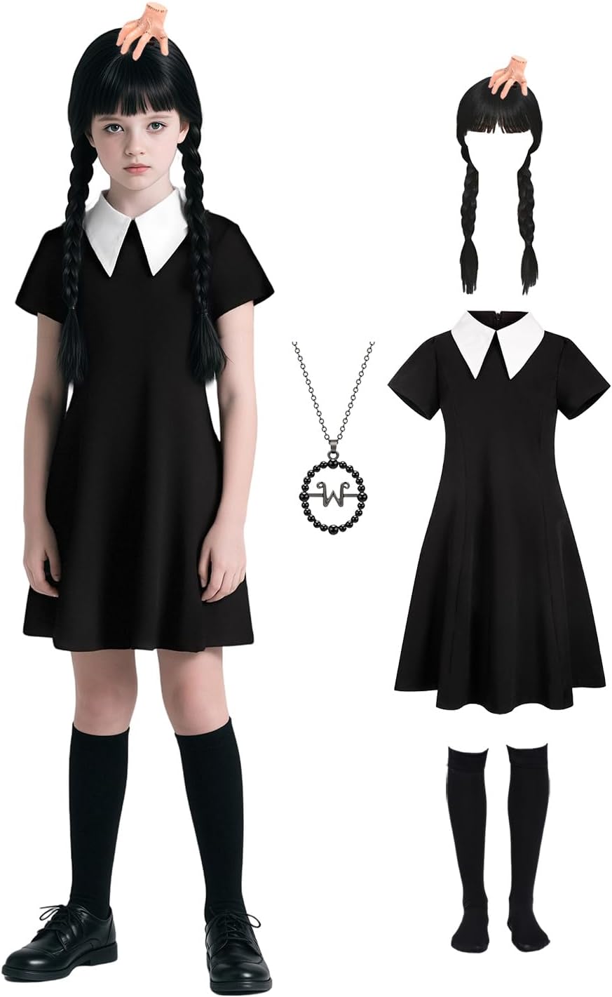 Girls Black Dress Costume Kids Halloween Costumes with Wig Socks Necklace Hairpin Black 150 (11-12 Years)