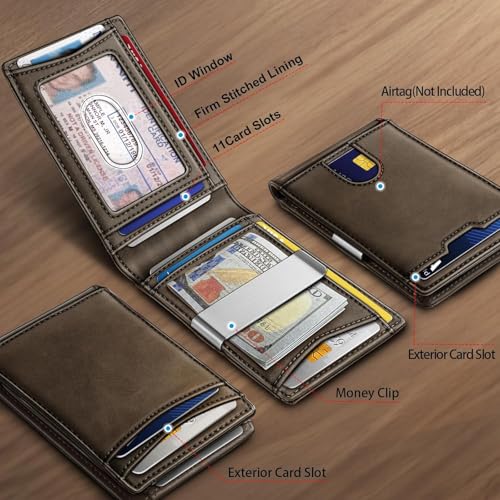 Genuine Leather Wallet for Men, Slim Bifold RFID Blocking with Zipper Coin Pocket, Minimalist Design for Travel and Daily Use (Coffee)2