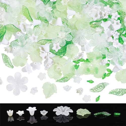 NBEADS 300 Pcs Acrylic Assorted Beads Kit, 1-2mm Hole Acrylic Flower and Leaf Beads DIY Jewelry Beads Caps ABS Plastic Pearl Beads for Bracelet Necklace Jewelry Making, Green
