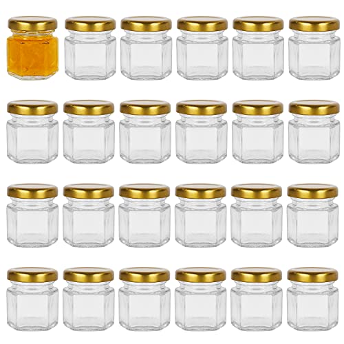 Yishik Lot de 24 bocaux hexagonaux en verre 45 ml avec couvercles à vis dorés pour confitures, fruits, noix, épices, gelées, aliments pour bébé ou desserts faits...