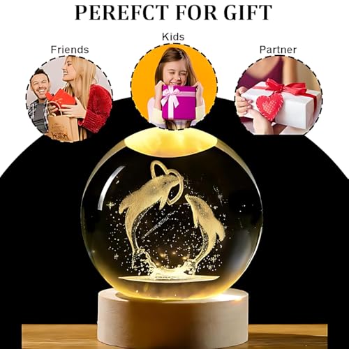 Image of 3D Crystal Ball Night Light with Wooden Base, Aesthetic Clear LED Lamp for Home and Bedroom Touch Switch, Warm Light for Kids and Teens Perfect Birthday & Anniversary (Dolphin Lamp)
