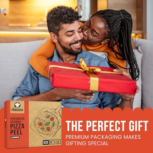 Image of Chef Pomodoro Aluminum Perforated Pizza Peel 16 Inch with Foldable Handle | Perforated Pizza Peel 16 inch, Pizza Steel Perforated Design Prevents Sticking, Foldable Stainless Steel Pizza Peel Handle