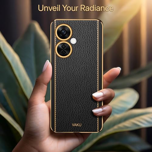 Image of Vaku Luxos Luxemberg Back Cover for OnePlus Nord CE 3 Lite 5G with Leather Pattern Gold Electroplated Soft TPU Cover Shockproof Protective Case- Black