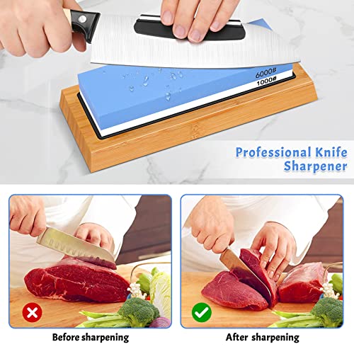 Sharpening Stone Whetstone Set 2 Side Grit 1000/6000, Professional Whetstone Knife Sharpener, Knife Sharpening Stone Kit With Bamboo Base, Flatting Stone, Angle Guide #TOP4