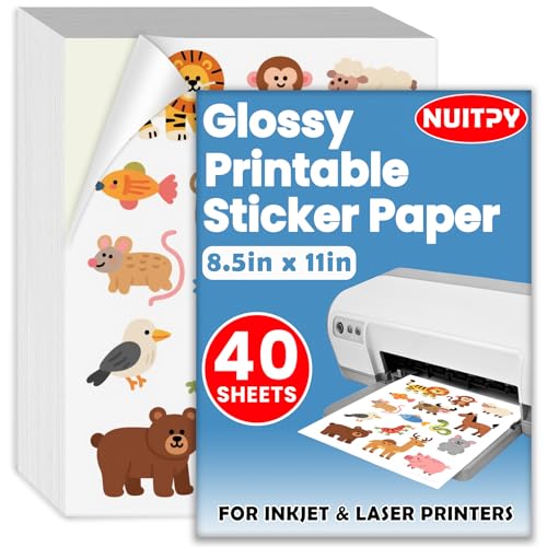 40 Sheets Glossy Sticker Paper, 8.5in x 11in Sticker Paper for Inkjet & Laser Printer, Self-adhesive Printable Sticker Papers, Vibrant Colors, Dries Quickly, US Letter Size