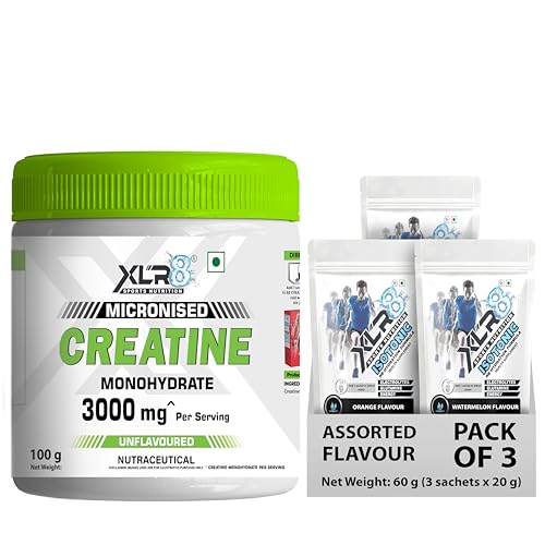 Image of XLR8 Creatine Monohydrate Powder Micronized | Unflavoured, 100g with Isotonic Energy Drink, Electrolyte Powder (Assorted, 60g) | Pre & Post Workout Supplement | Muscle Growth & Power