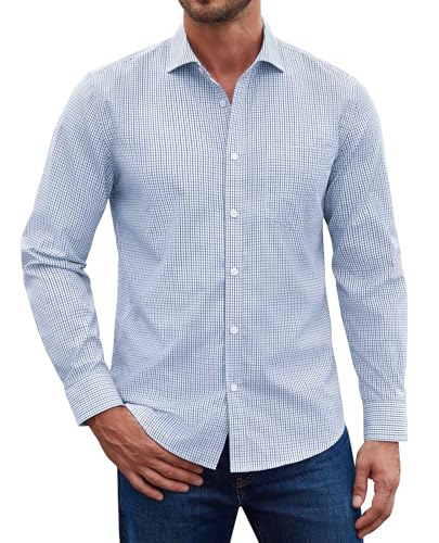 DEMEANOR Men's Plaid Button Down Shirts Cotton Long Sleeve Dress Shirt Regular Fit Wrinkle Free Business Casual Gingham Tops
