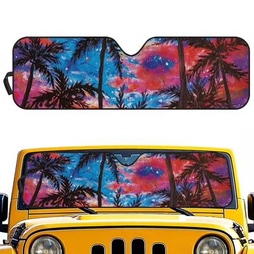 Starry Sky Palm Painting Foldable Car Sun Shade Compatible with Jeep Wrangler JK JKU JL JLU 1997 2023 Reduces Sun Glare Keeps Cooler Blocks Harmful UV Rays Reduces Heat