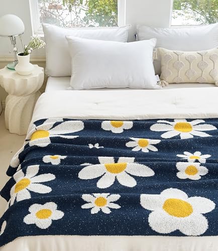 Image of Ultra Soft Cozy Daisy Sunflower Knitted Throw Blanket Fluffy Microfiber Checkerboard Bed Blanket Lightweight Both Sides Blanket for Couch Sofa Bed (Daisy Bule, Baby 30 inchx40 inch)