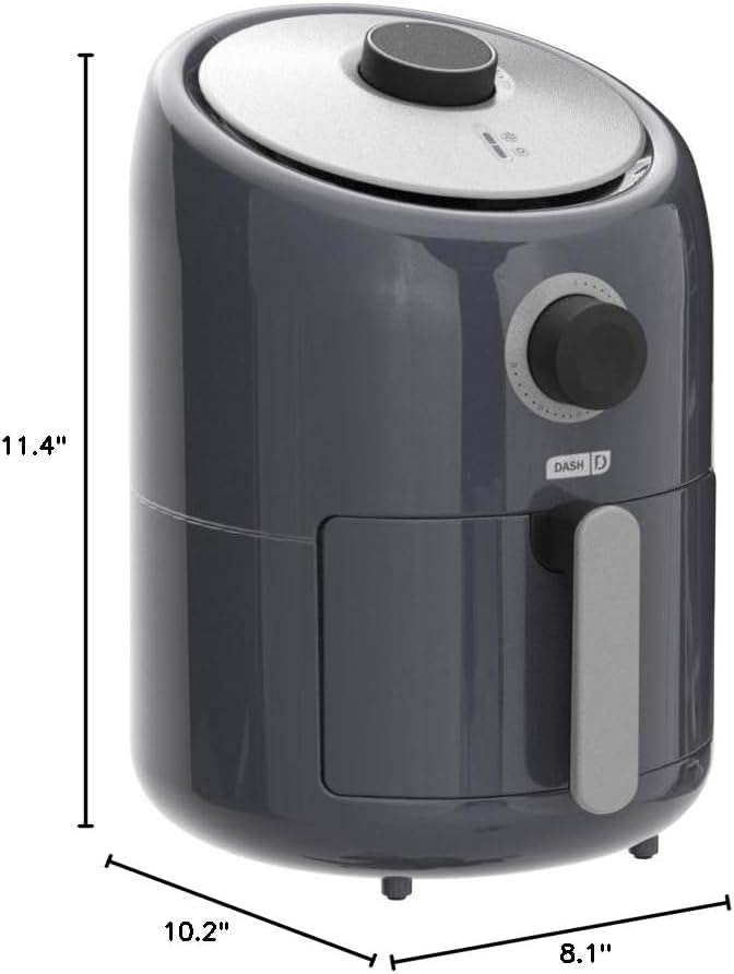 Diagram showing the dimensions of the DASH Compact Air Fryer: 11.4 inches height, 10.2 inches depth, 8.1 inches width.
