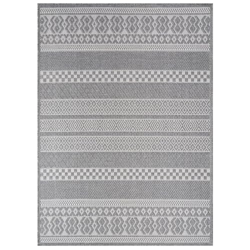 TT Home In-& Outdoor Teppich Wetterfest Balkon Küche Wohnzimmer Boho Rauten Design, Farbe: Grau Weiß, Größe:160x220 cm