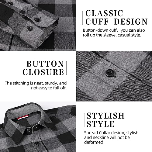 Mens Flannel Shirts Long Sleeve Flannel Shirt for Men Button Down Long Sleeve Shirts Regular Fit Mens Plaid Flannel Shirt Men's Casual Button Down Shirts, Large Grey/Black - Image 5