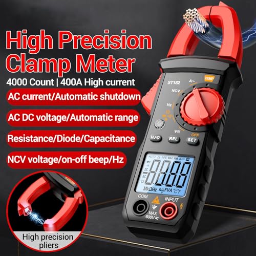 Multimeter Stromzange,4000 Counts TRMS Auto Range Strommesszange mit AC/DC-Spannung,AC-Strom,Widerstand,Kapazität,Durchgang,berührungslose Spannungserkennung,Dioden,Temperaturtest,Elektrowerkzeuge