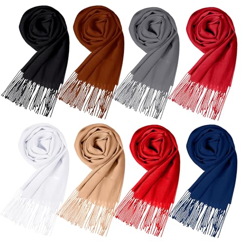 Suhine 8 Pcs Blanket Scarf Bulk Warm Soft Pashmina Shawl Winter Long Scarf with Tassel Edge for Women Men
