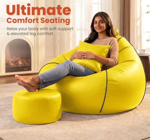 Image of Sattva Piping 4XL Sofa Style Bean Bag Chair with Beans Filled | Faux Leather Bin Bags Sofa Combo with Footstool & Cushion | Large Beanbags for Adults, Teens & Home - Yellow with Navy Blue Piping